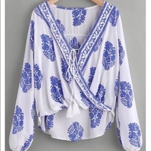 Boho, White and Blue print v-neck blouse NWOT